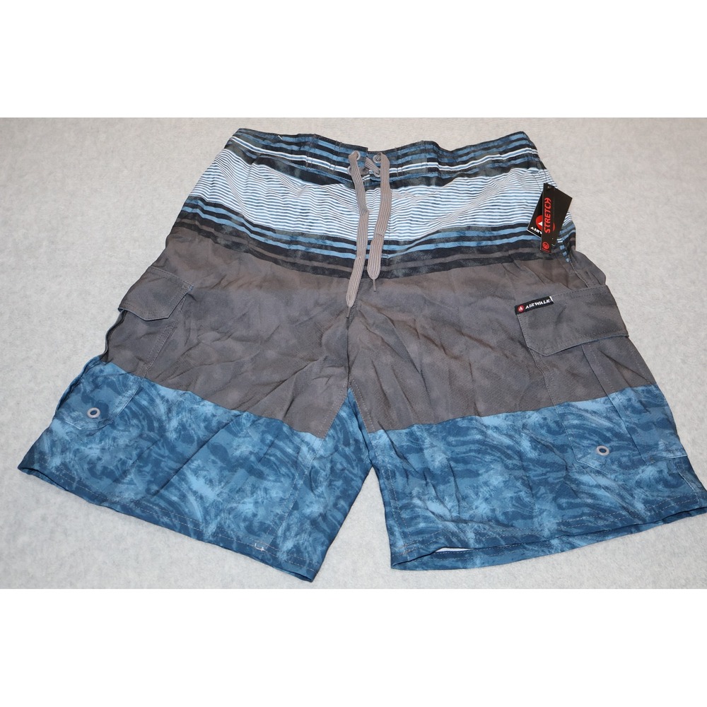Airwalk Board Shorts Men Medium Grey Striped Cargo Stretch Swim Trunks NEW